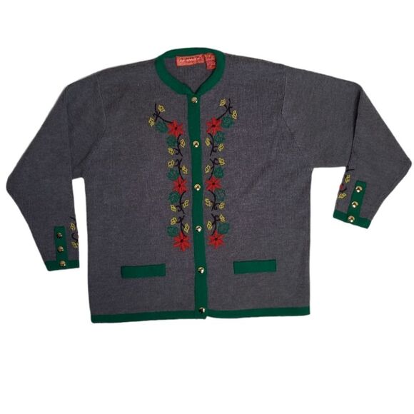VINTAGE 80s gray embroidered poinsettia button up holiday cardigan sweater M - Picture 1 of 7